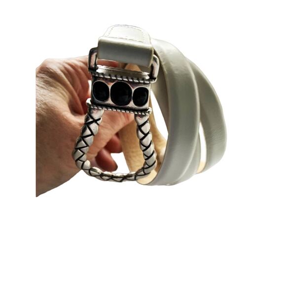 White Skinny Genuine Leather Belt Silver Buckle Size XL B75 main image 5